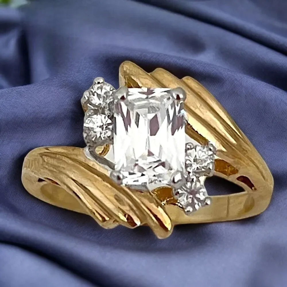 Vintage 1970s Ring Size 7 CZ Emerald Cut Solitaire Bypass Gold Plated - 14R